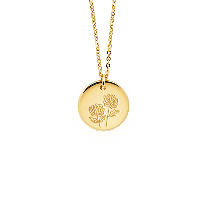 Tender Objects Fleur Disc Necklace - Customizable birthflower pendant with freshwater pearl and gold-plated heart charm, a timeless and personalized accessory for versatile occasions.