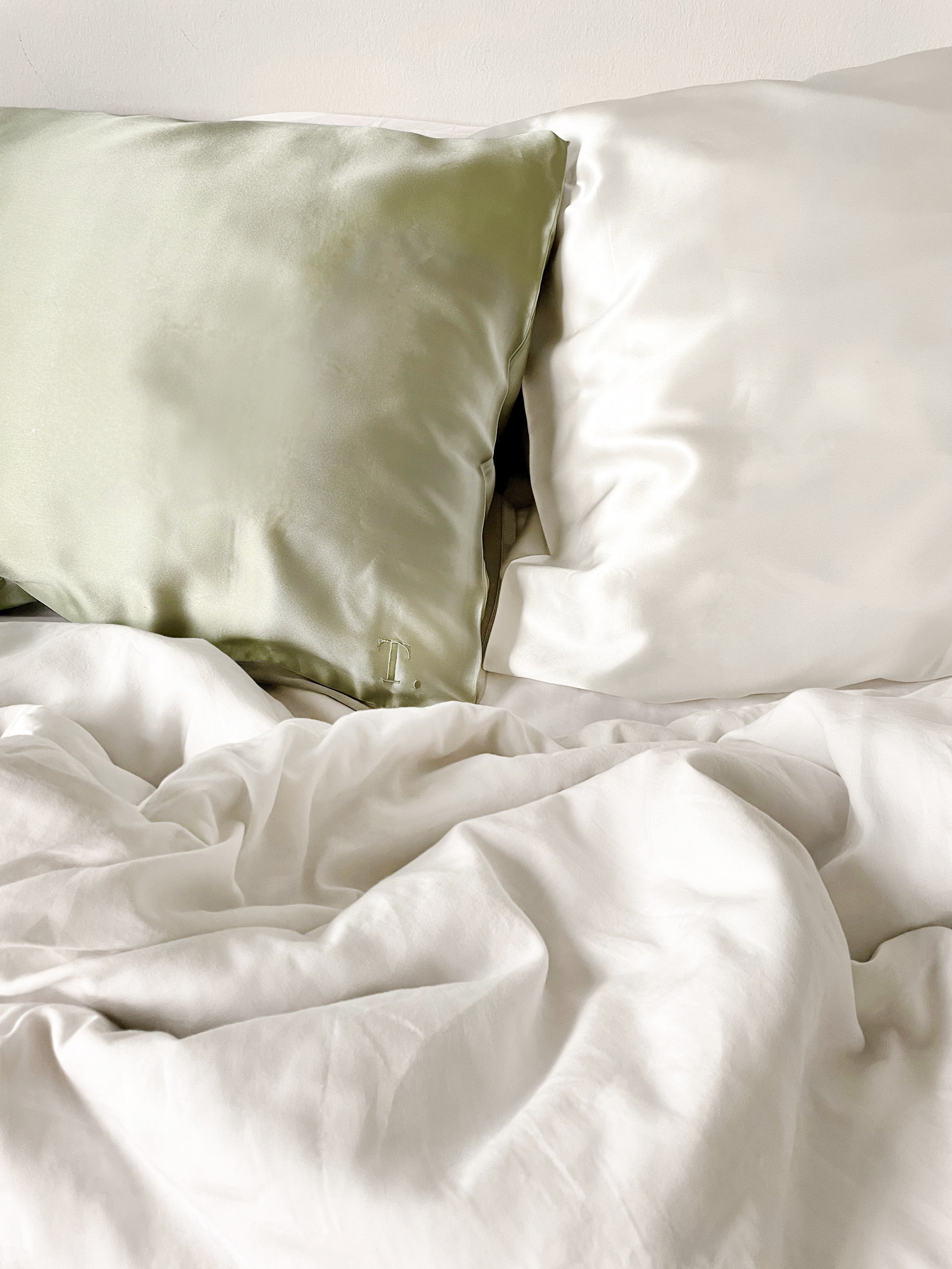 Tender Objects silk pillowcase in Natural Sage & Drifting Cloud