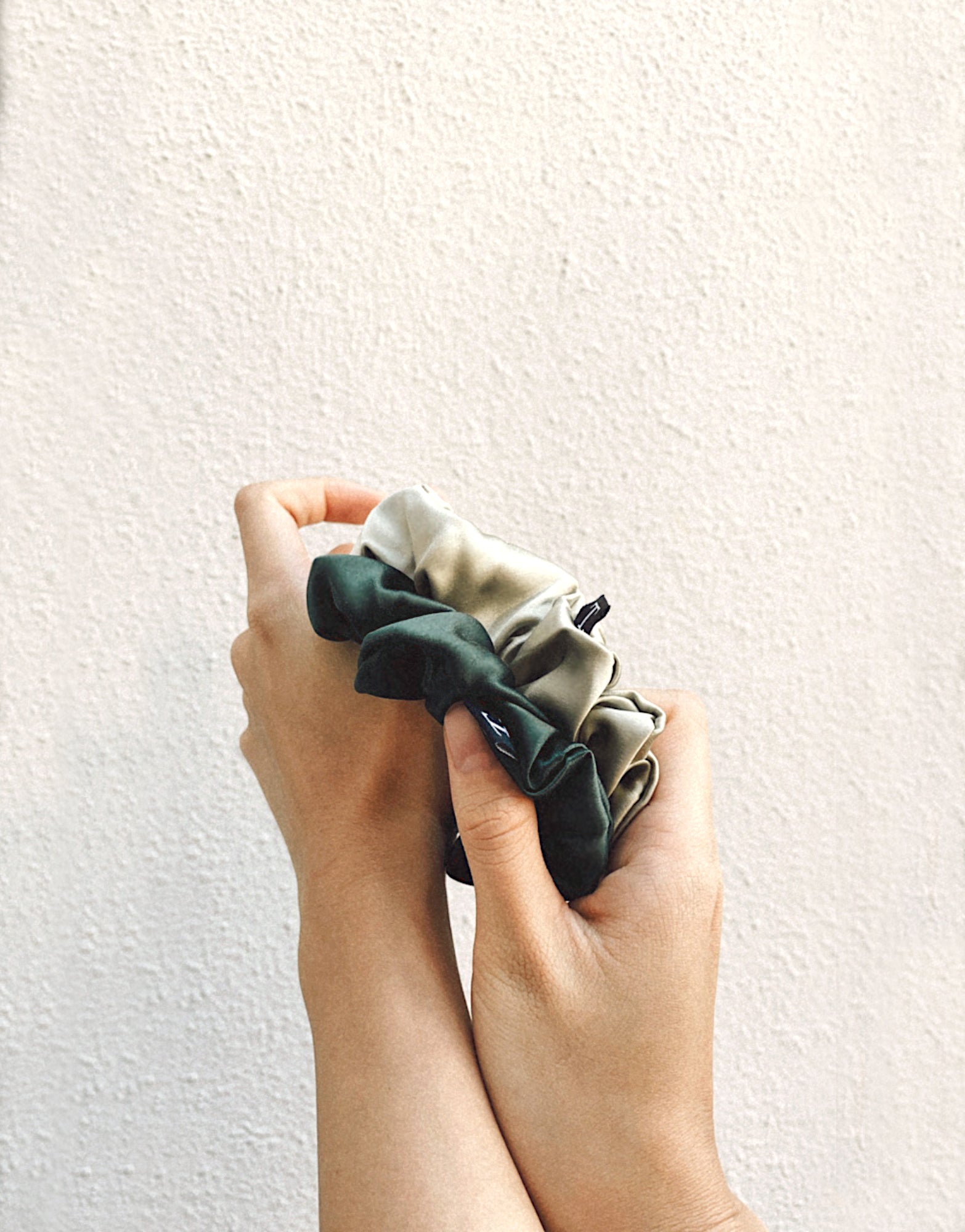 Tender Objects 35mm silk scrunchie in Natural Sage and Deep Forest